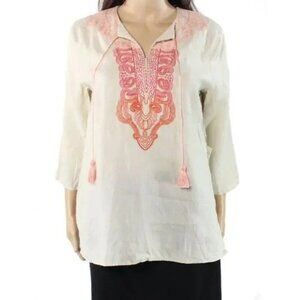 SYMPLE NYC BEIGE W/ORANGE-PEACH EMBROIDERED TUNIC W/ROLL TAB SLEEVES MEDIUM-NICE
